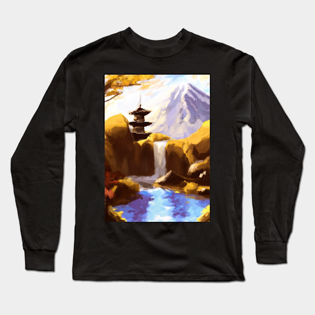 Japan Tower Waterfall Painting Long Sleeve T-Shirt by maxcode